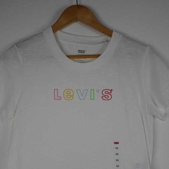 Levi's Pride Logo T-Shirt Women's Size XS White Top Rainbow Spell Out Tee - Picture 2 of 8